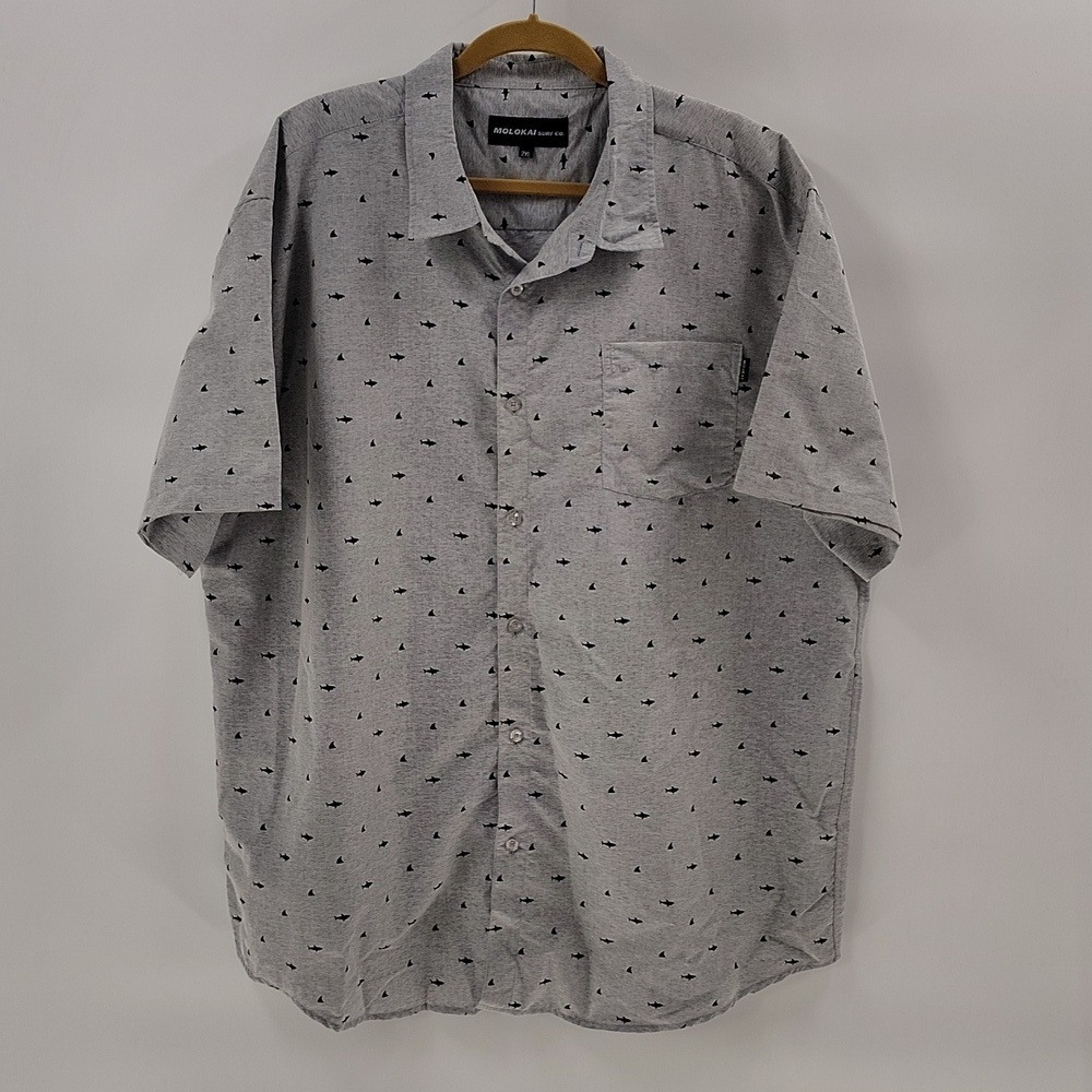 Molokai Surf Co Button Down Gray Shark Mens Short Sleeve Shirt